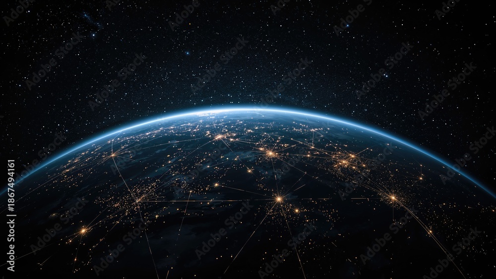 Fototapeta premium Earth from space illuminated with lights, showing connectivity and networks across continents. Technology and communication, space view, night imagery.