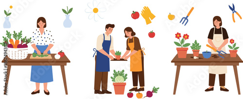 People Gardening and Harvesting Vegetables Illustration Set with Planting, Farming, and Sustainable Home Garden Activities for Nature Designs