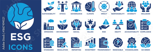 ESG icon collection set. Containing sustainability,ethics,governance,climate,impact,responsibility,diversity,inclusion,transparency,renewable icon