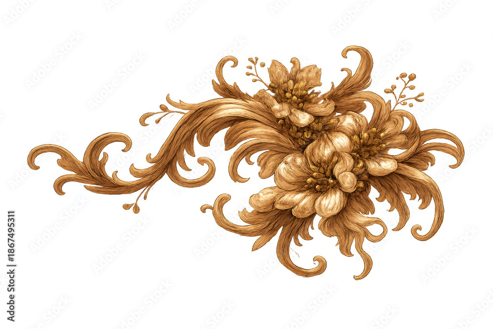 Fototapeta premium Golden baroque ornament forming ornate acanthus leaves, intricate floral patterns, and elegant scrollwork on a transparent background