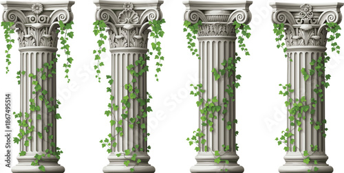 Ancient classical stone columns with ivy vines vector illustration isolated on white background for architecture and heritage design