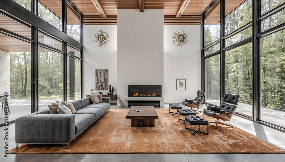 custom made wallpaper toronto digitalSpacious modern living room with high ceilings, fireplace, and large windows overlooking nature