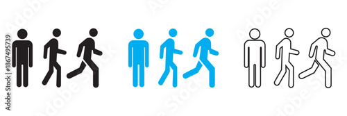 Man stands, walk and run icon . Minimalist pictogram shows human figure progressing from standing to walking and running, illustrating movement, speed increase, and activity stages.