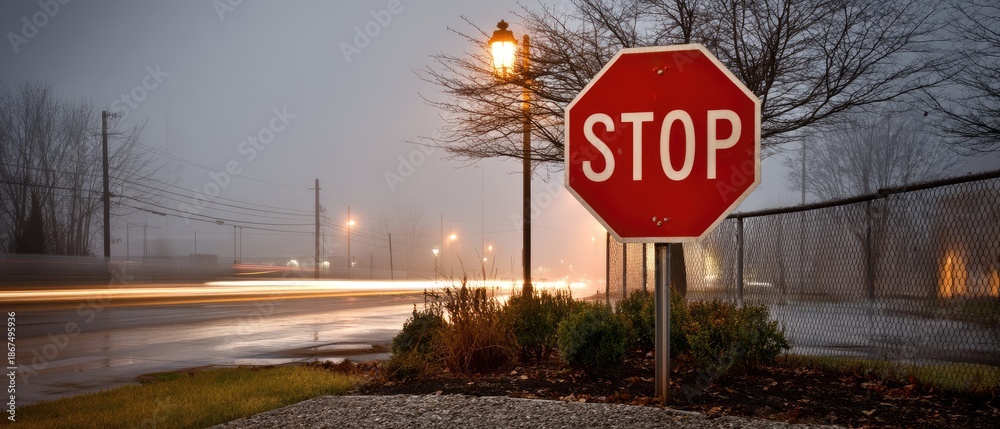 Naklejka premium Traffic control signal at night with red stop light and stop sign on a foggy street