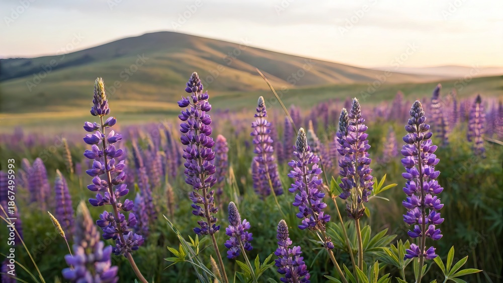 Obraz premium Purple mauve lupine flowers carpeting open field, serene natural backdrop, environmental awareness theme
