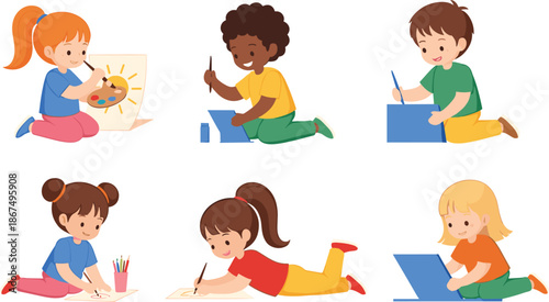 Cute Kids Painting and Drawing Activities Illustration Set with Creative Children, Art Learning Scenes, and Childhood Education Concepts for Fun Designs