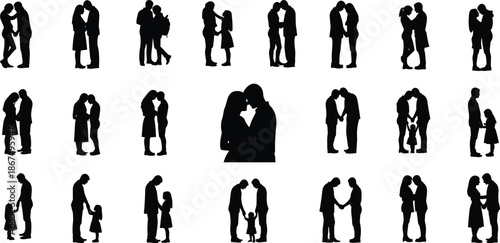 Collection of romantic family and couple silhouettes showing love, parenting, relationships, and emotional moments isolated on white background