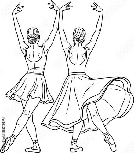 Line art illustration of two graceful ballet dancers performing synchronized movement with flowing skirts isolated on white background