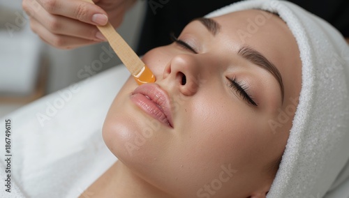 Facial waxing treatment close up, upper lip hair removal, professional beauty salon skincare procedure