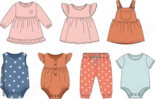 Baby clothes collection vector illustration with dresses bodysuits overalls and pants isolated on white background for kids fashion design