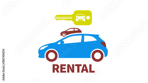 Car Rental Icon: Blue Car, Key, and Text "RENTAL"
