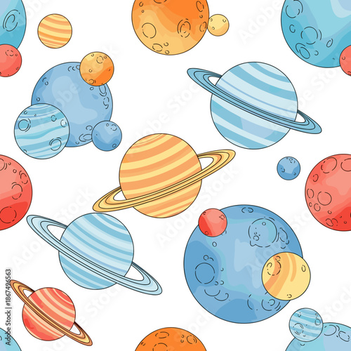 Seamless Space Pattern with Watercolor Planets and Stars
