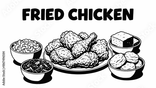 Black and white vector illustration of crispy fried chicken served with side dishes, representing Southern American comfort food in clean line style