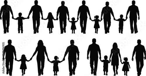 Silhouettes of families with children holding hands, walking together, embracing, celebrating unity, love, companionship, and diverse family relationships