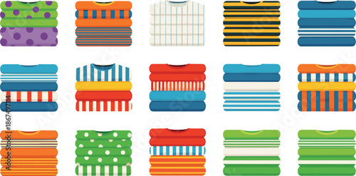 Folded Clothes Stack Illustration Set with Colorful Shirts, Sweaters, and Textile Patterns for Laundry, Wardrobe, and Fashion Designs