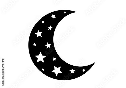Minimalist black crescent moon silhouette adorned with small white stars, nocturnal design element.