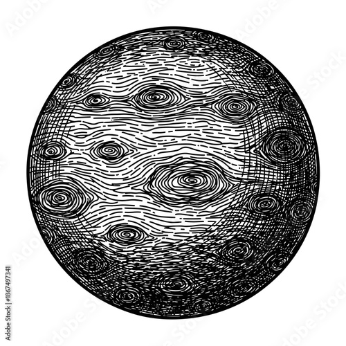 Vintage engraved full moon or planet with detailed craters and surface texture, celestial body illustration.