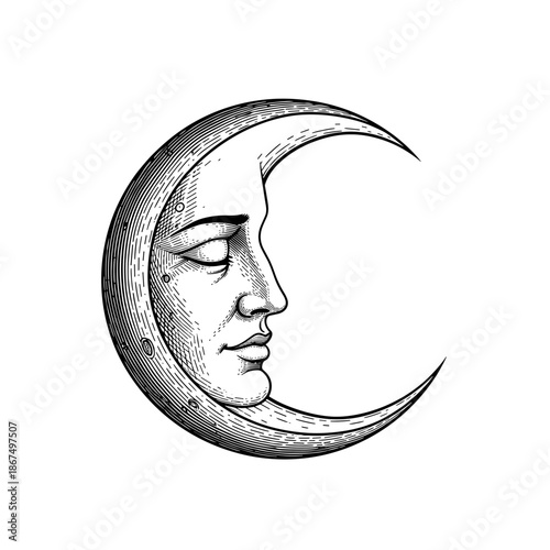 Vintage engraved crescent moon with a sleeping or dreaming human face profile, mystical celestial art.