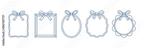 Doodle line frame, ribbon bow border set, vector hand drawn coquettish wedding decor, elegant lace. Minimal holiday whimsical postcard design, wax crayon texture, wavy decoration print. Doodle frame