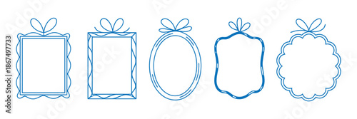 Doodle line frame, ribbon bow border set, vector hand drawn coquettish wedding decor, elegant lace. Minimal holiday whimsical postcard design, wax crayon texture, wavy decoration print. Doodle frame