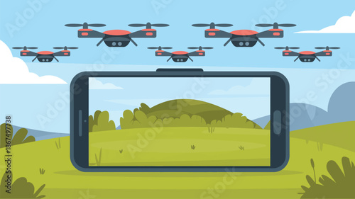 Seven Drones Flying Over Green Hillside with Smartphone Displaying Landscape flying drones 