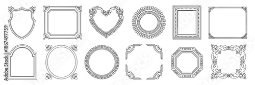 Doodle picture frame, hand drawn line vintage border, classic gallery empty decor vector baroque art. Ornamental decoration design elements, round, heart, oval shapes, swirl arch. Picture frame icon