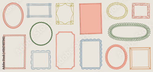 Cute wavy wedding frame, vector hand drawn oval vintage border set. Coquettish celebration design. Elegant classic line decoration background, simple postcard decor. Whimsical invitation frame set.