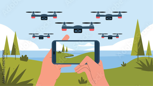 Hand holding smartphone with drone view of nature landscape and five drones flying above