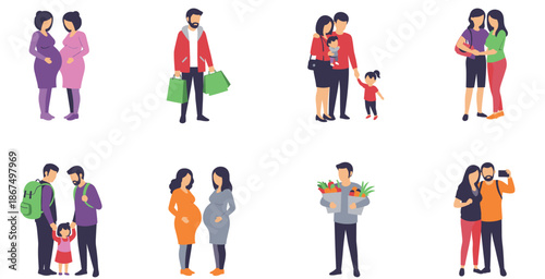 Family and Pregnancy Lifestyle Illustration Set with Couples, Parents, Children, Shopping People, and Everyday Relationship Characters for Social Designs