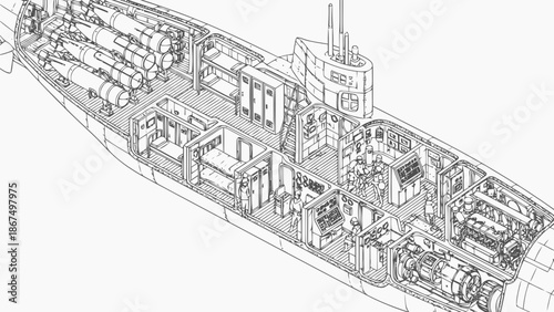 Cutaway illustration of a military submarine's interior layout