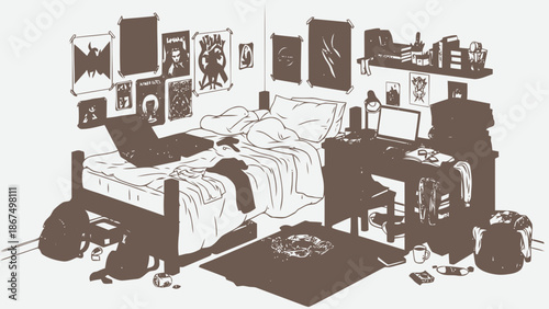 Messy Teenager's Bedroom With Bed And Desk In Monochromatic Tone