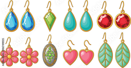 Colorful gemstone earrings collection vector illustration with hearts leaves flowers and teardrop jewelry designs isolated on white background