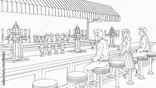 Classic Retro Diner Interior Illustration with Customers Enjoying Drinks at a Traditional Soda Fountain Bar