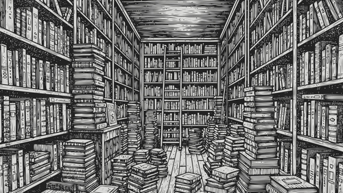 Old-fashioned library interior rendered in detailed black and white, featuring endless book stacks