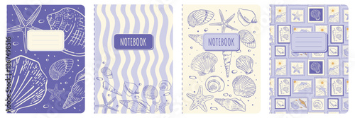 Cover page templates notebook. Marine Seashell and stamps. Versatile layouts with retro image in vintage colors. For notebooks, planners, brochures. Vector set.