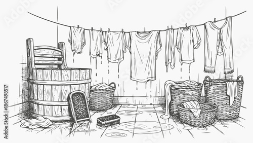 Vintage Laundry Day Scene Hand Washing Clothes on a Clothesline with Traditional Tub and Baskets