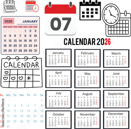 2026 Calendar Year Vector Template Set editable modern minimalist corporate layout for wall desk planner diary business office schedule academic routine print ready design collection