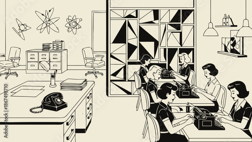 Retro Office Scene with Women Typing at Desks