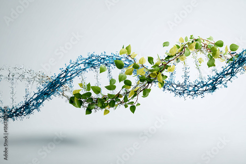 Abstract medical-tech DNA double helix merging blue digital technology with green nature vines, symbolizing sustainable bio-innovation.