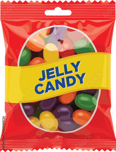 Colorful jelly candy packaging vector illustration with sweet gummy sweets in plastic bag isolated on white background