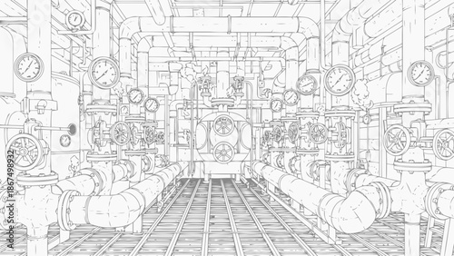 Industrial Pipeline System with Gauges and Valves Illustration