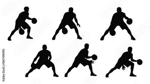 Silhouettes of basketball players in dynamic action poses showcasing athletic movement