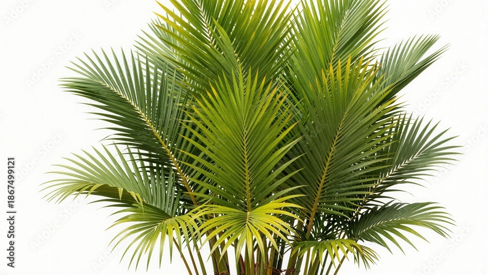 Fototapeta premium Dense tropical palm trees cluster isolated on white background with lush foliage for design use