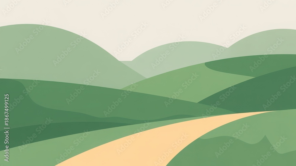 Obraz premium A serene landscape illustration featuring rolling hills and a winding path in a minimalist style