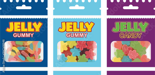 Colorful jelly gummy candy packaging set vector illustration with assorted fruit sweets in plastic bags isolated on white background