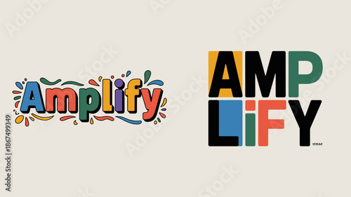 the image displays the word amplify in two distinct styles one with colorful flourishes and another with bold solid lettering high quality professional detailed modern elegant