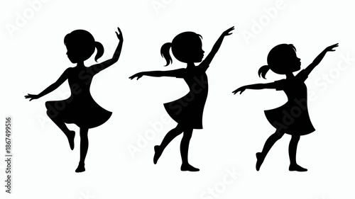 three silhouetted figures of young girls are depicted in dynamic poses seemingly dancing or engaged in joyful movement high quality professional detailed modern elegant stylish clean