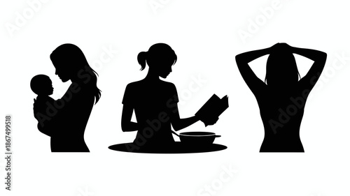 a series of three black silhouettes depicts a woman cradling a baby another reading and the third with raised arms high quality professional detailed modern elegant