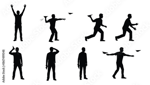 Silhouettes of people in various dynamic poses illustrating human movement