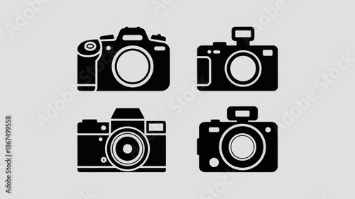a minimalistic grayscale illustration featuring four different silhouettes of vintage cameras positioned in a simple two by two grid arrangement high quality professional detailed modern elegant